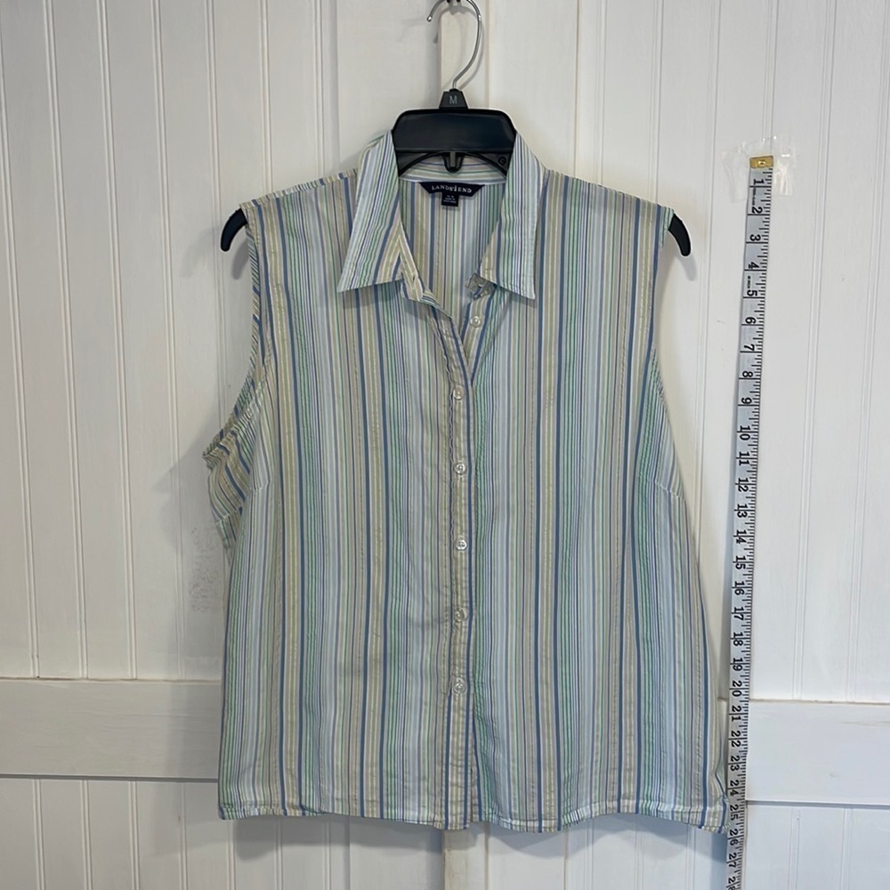 Lands’End: blue,yellow, green, white & beige stripes  blouse size 14–16